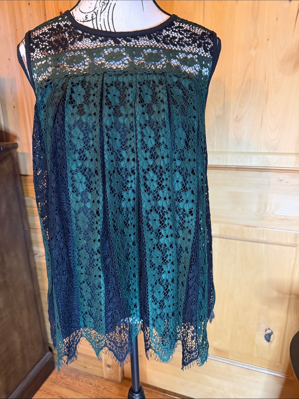 Ultra Pink Green and Black Lace-Overlay Sleeveless Blouse